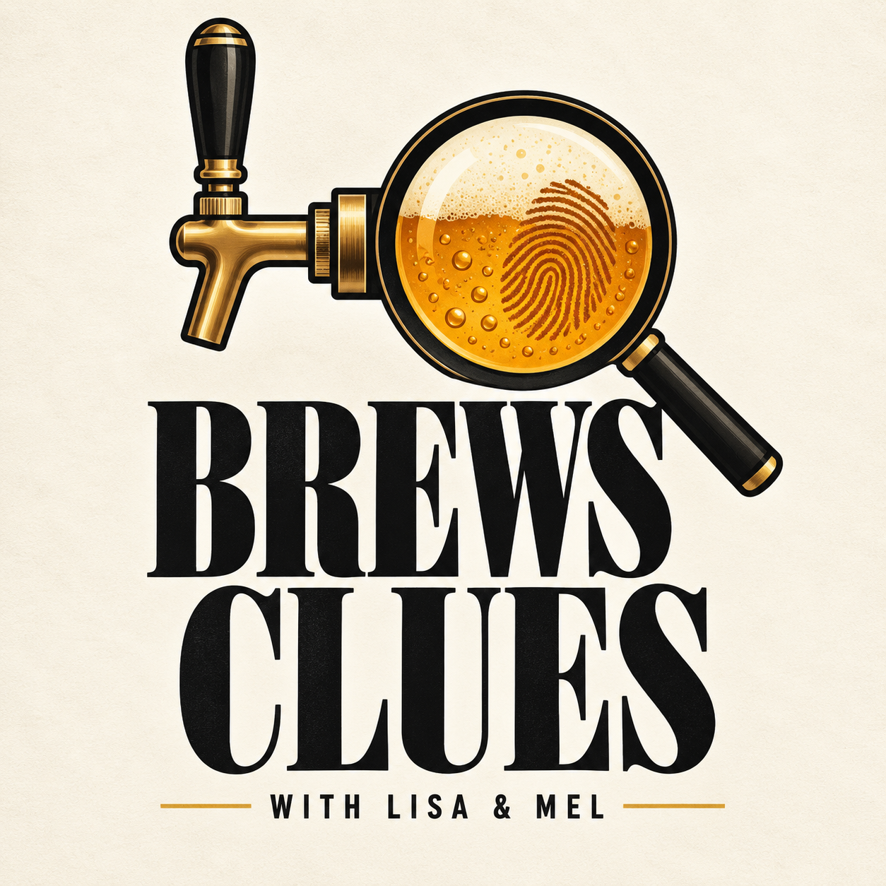 Brews Clues podcast cover: beer tap and magnifying glass